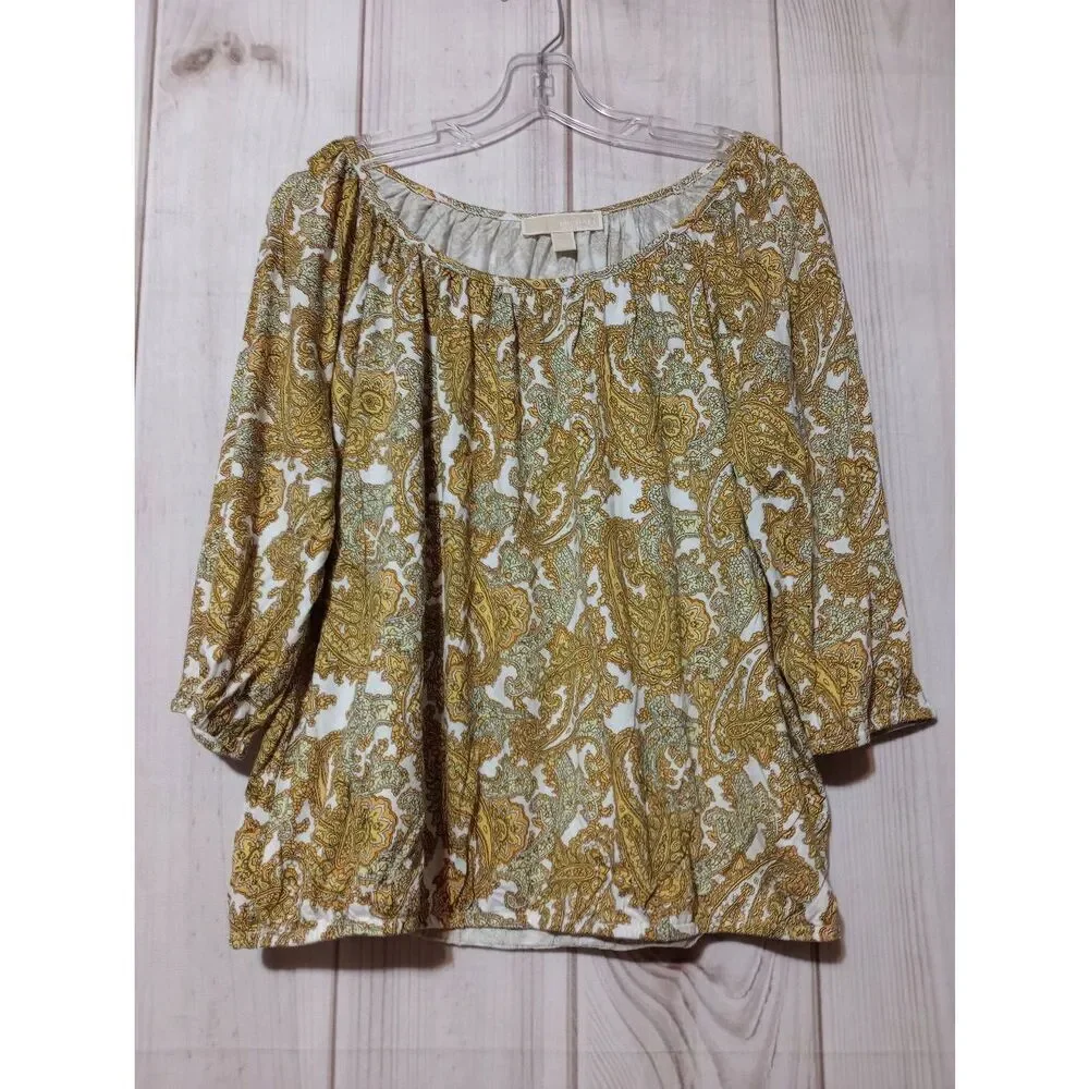Michael‎ Kors Womens 1X Yellow Paisley Scoop Neck 3/4 Sleeve Blouse Top